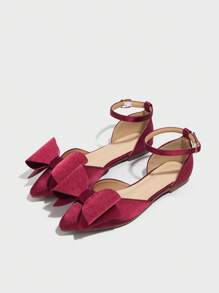 红色 41-43 加大码尖头平底防滑婚鞋，时尚 2025 春夏新款设计浅法式婚鞋，带蝴蝶结装饰和镂空设计，女士