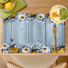 4pcs/Set Wood Grain & Floral Print Linen Placemats - Woven Linen Rectangle Tablemats For Dining, Kitchen - Anti-Slip & Heat Resistant Placemats For Coffee Table, Dinner Table Decor