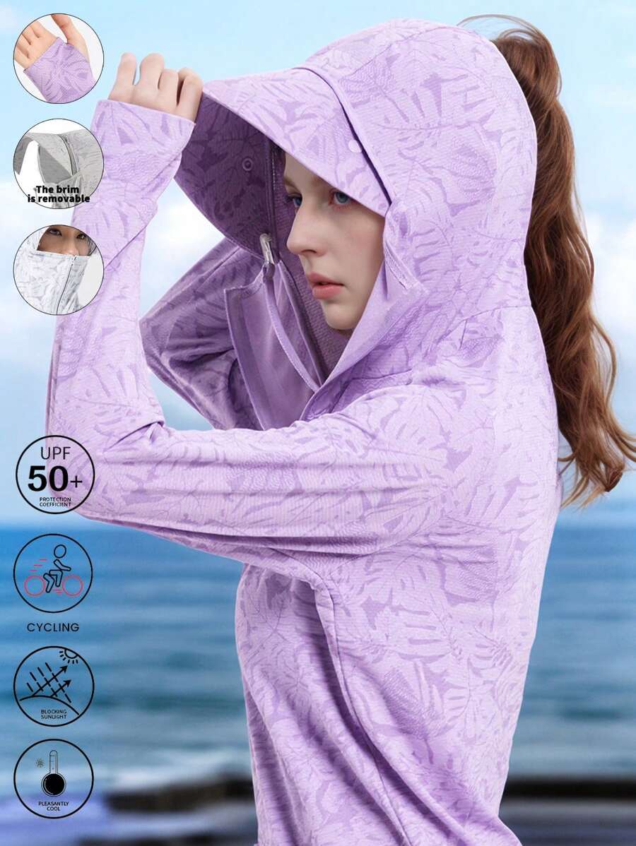 1 件女式轻质连帽防晒夹克，2024 新款情侣款迷彩，可拆卸抽绳，UPF 50+ 紫外线防护，适合春夏季 - 紫色 - 查看 1