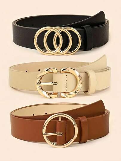 1/3 件女士简约时尚百搭腰带，裤装经典腰带，三环/双环/单环金属扣设计，纯色优雅腰带，日常通勤腰带，PU 皮革