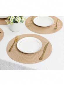 4 件/6 件/8 件/15 英寸圆形编织餐垫套装，可洗，适合家庭聚会、婚礼、派对（卡其色） - 卡其色 - 查看 6