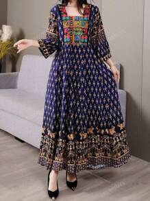 Vestido amplio de estilo modesto, apropiado para Medio Oriente, árabe, informal, bohemio, con bordados, artístico, retro, ideal para vacaciones y turismo