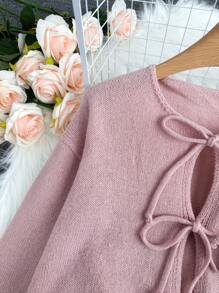 [上衣] 纯色打结长袖开衫 - 极简主义，办公室着装，复古，简约，法式，女士系带前腰带纯色针织毛衣开衫，可穿在衬衫外面，超大可爱开衫 - 粉色 - 查看 5