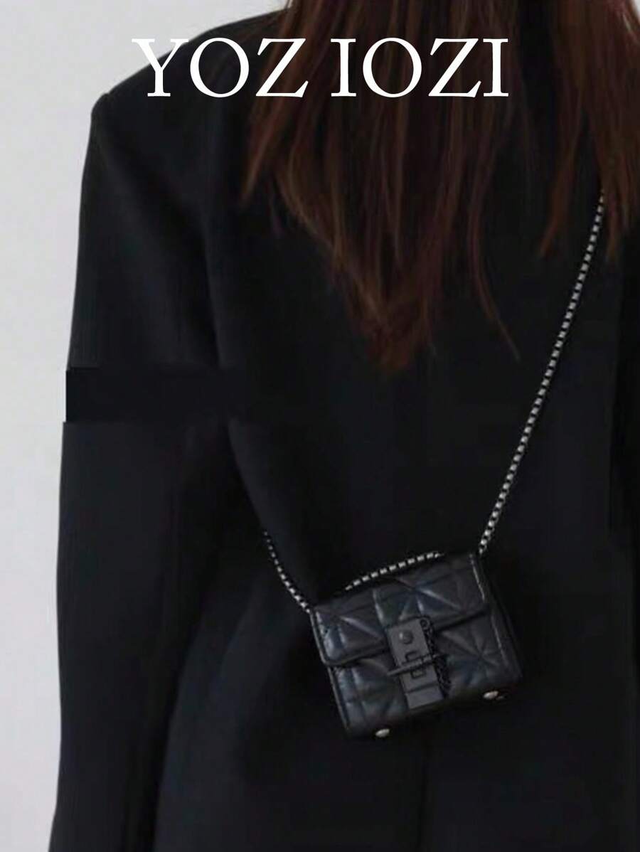 Unique Design Solid Color Mini Square Bag For Women, Commute & Daily Use, Quilted Chain Crossbody Bag - Black - View 1