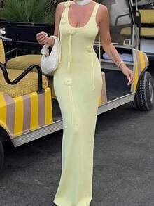 1pc Butter Yellow Knitting Backless Applique Form-Fitting Beach Holiday Party Wedding Dress, Spring/Summer - Yellow - View 3