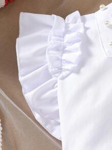 Young Girls Casual Fashion Lapel Beaded Top + Fashionable All-Match Solid Color Skirt Two Pieces Set - White - View 4