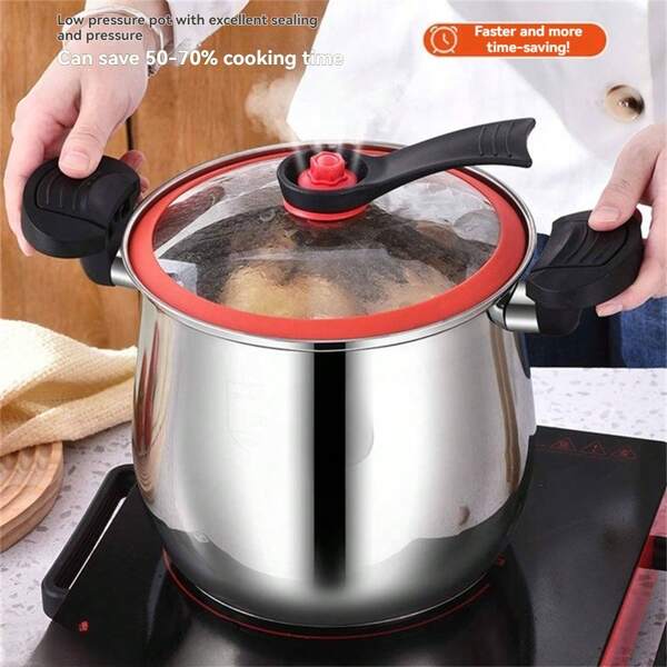 1 pieza Olla a presión para baño maría con tapa de cristal, olla grande de acero inoxidable para hacer conservas, pasta y sopa, olla profunda y grande para cocinar, olla antiadherente apta para inducción
