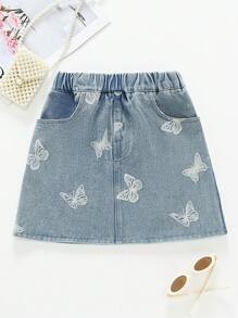 Tween Girls Casual Everyday Outdoor Versatile Butterfly Print Denim Mini Skirt - Blue - View 1