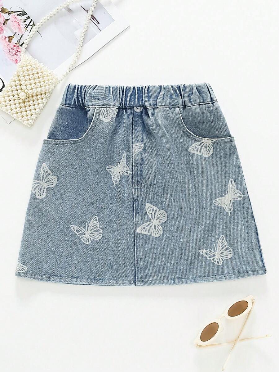 Tween Girls Casual Everyday Outdoor Versatile Butterfly Print Denim Mini Skirt - Blue - View 1