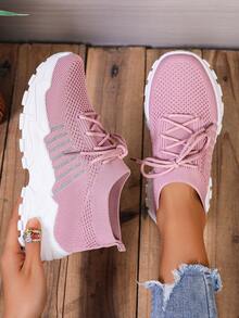 زوج واحد من أحذية رياضية لون وردي ثابت ناعمة ومريحة للنساء، مصنوعة من الأنسجة المنسوجة، التهوية، مناسبة للمدرسة والعمل والجري والرياضة والنزهات والحفلات والعشاء والتسوق والمواعدة، أحذية كاجوال مختلفة الاستخدامات ذات تصميم عصري - وردي - مشاهدة 4