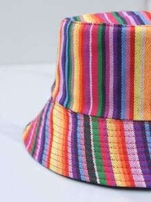1pc Rainbow Striped Streetwear Polyester Mixed Color Reversible Bucket Hat, Casual Fashion Cap - Red - View 3