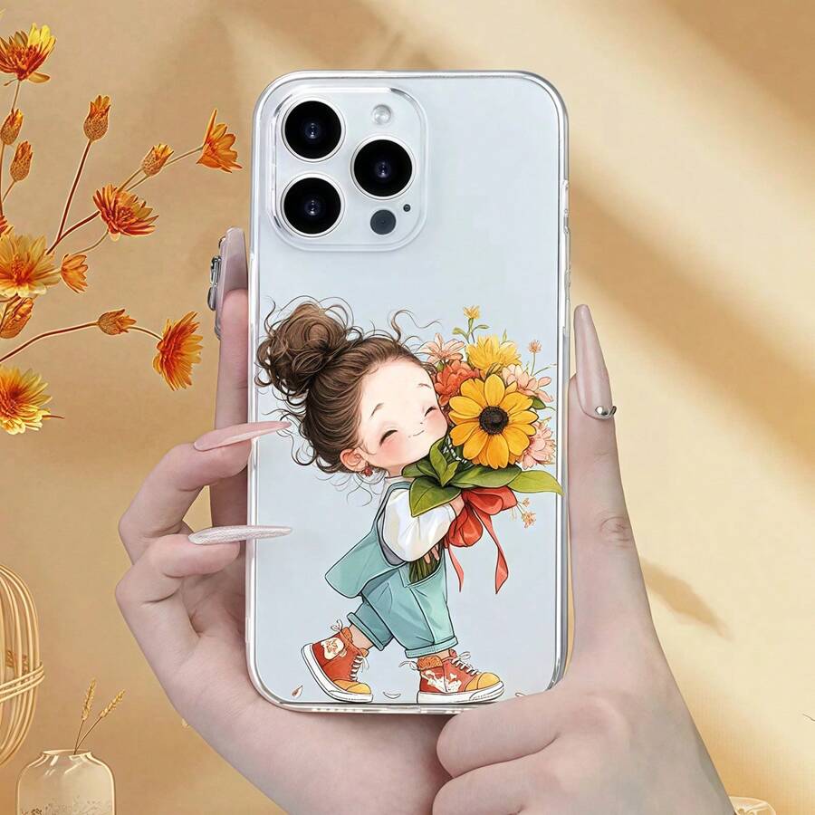 1pc Transparent Minimalist Sunflower Princess Design Phone Case, Compatible With IPhone Apple 16 Pro Max/15/14 Plus/13/12/11, Series, Personalized Protection Shell Waterproof Shockproof Anti-Fall Scratch Resistant - Multicolor - View 1