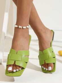 2025年夏季新款女式黑色方头平底加大码凉鞋，时尚休闲拖鞋 - 青碧色 - 查看 5