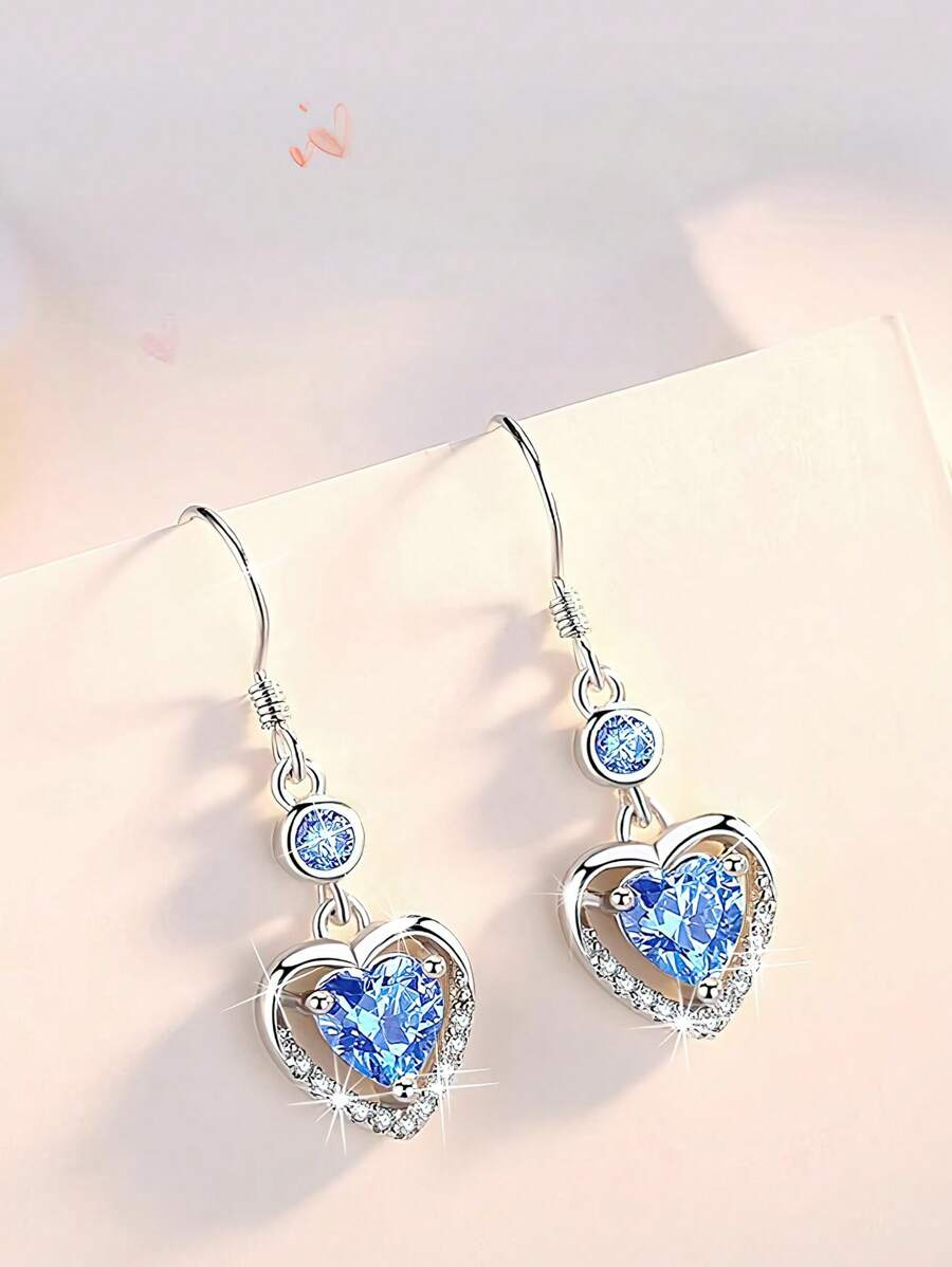 1 Pair 925 Sterling Silver Blue Heart Shape Earrings, Fresh And Sweet Elegant, Fashionable Tassel Ear Hooks, Versatile Everyday Mori Style Earrings, Gift - Love - View 1