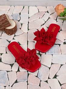 女童花朵装饰凉鞋，夏季露趾平底鞋，百搭休闲沙滩一脚蹬穆勒鞋 - 酒紅色 - 查看 4