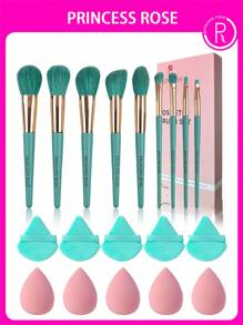 Princess Rose Conjunto de brochas de maquillaje que incluye: 9 brochas azul real tipo "Princesa Rosa", 5 huevos de belleza verde claro y 5 borlas cian, compuesto por un conjunto de brochas, brochas de base, brochas tipo llama, brochas de párpado, brochas de colorete y juegos de artista de maquillaje