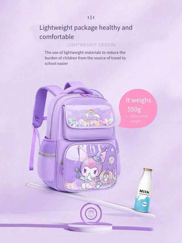 Sanrio Zaino per bambini di Sanrio, Hello Kitty, Kuromi, zainetto per bambine con motivi cartoni animati, caratteristiche ergonomiche, stile scolastico, adatto per il ritorno a scuola, zaino riflettente per la notte