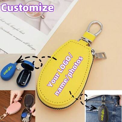 Personalized Customization! Oval - Shaped Leather Keychain Bag With A Hook Design, Stylish And Portable You Can Have Your Exclusive Logo, Name, Or Photo Printed On It, Making The Keychain Bag Unique And Showing Off Your Distinctive Taste