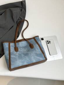 1 件蓝色时尚撞色大容量 PU 女士手提包，含毛绒装饰