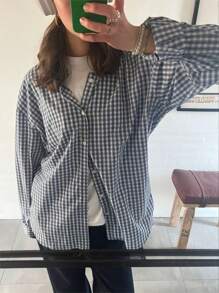 Women Plaid Shirt Long Sleeve Shirt Button-Down Loose Fall Tops For Casual Daily - Black - View 2