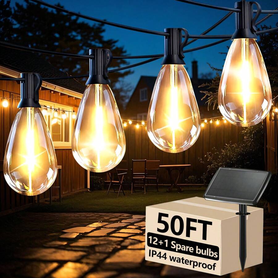 Outdoor S14 Solar Light Strings, 50/100FT, 2700K Warm White, 12+1/ 24+1 Shatterproof Bulbs, E12 Bases Bulbs Replaceable, IP44 Waterproof, Suitable For Room Decoration, Home Decoration, Wedding Decoration, Outdoor Decoration In Gardens, Cafes, Campsites. - solar - 查看 1