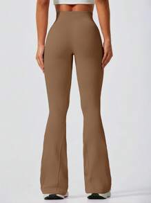 1pc Women's Ribbed Solid Color Tummy Control Lifting Shaping Tight Fit Flared Yoga Pants - Coffee Brown - View 3
