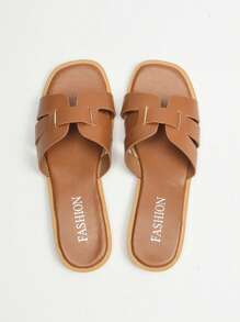 Plus Size Simple French Style Woven Flat Slide Sandals For Women, Versatile Comfy Casual Beach Slippers - Brown - View 5