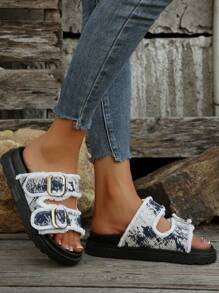 Women's Fashion Versatile Tie Dye Blue & White Tassel Decor Vacation Style Buckle Wedge Platform Slide Sandals, Simple Thick-Soled Casual Outdoor Slippers