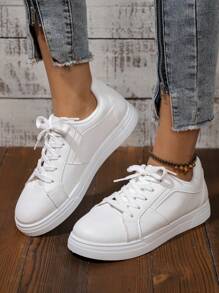 Women's Spring/Autumn Lace-Up Casual Sneakers, Fashionable Versatile Comfortable White Shoes, Collegiate Solid Color Flat Outdoor Skateboard Running Shoes - White - View 4