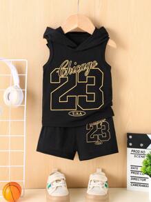 2pcs Baby Boy Casual Number Print Vest Hoodie Top + Shorts Outdoor Set, Summer