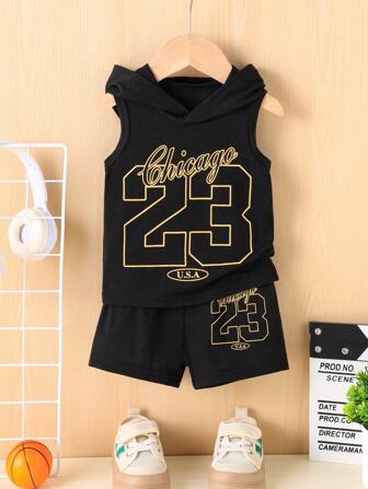 Conjunto de 2 piezas para niño bebé - Chaleco con capucha con estampado de número casual + Pantalones cortos para uso al aire libre, de verano