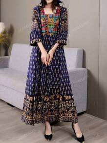 Vestido amplio de estilo modesto, apropiado para Medio Oriente, árabe, informal, bohemio, con bordados, artístico, retro, ideal para vacaciones y turismo
