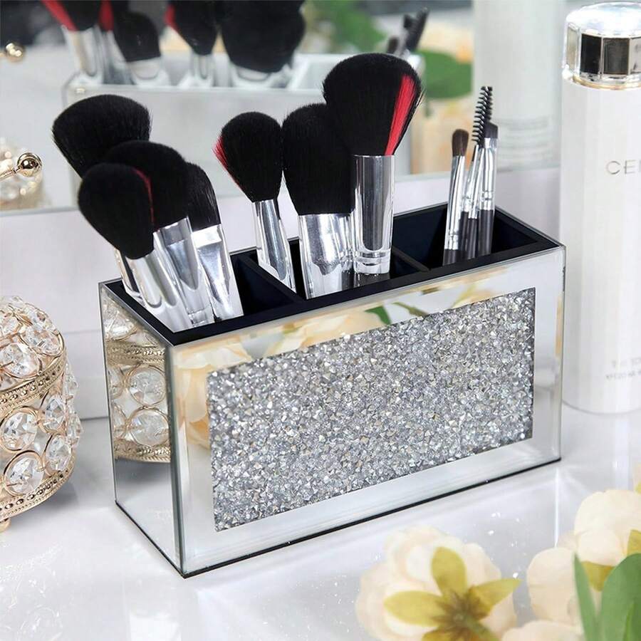 1 hộp đựng cọ trang điểm bằng pha lê nhiều hình dạng tinh tế màu bạc, có gương, hộp đựng bút kẻ mắt, hộp đựng đồ trang điểm hình vỏ sò bằng thủy tinh đính đá lấp lánh, túi đựng đồ trang điểm, vật dụng cần thiết khi đi du lịch. - màu đen - Xem 1