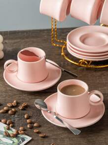 1 Set de 6 tazas de café de cerámica con platillos y cucharas, adecuadas para desayuno en el hogar, leche, café con leche en la oficina, tazas de jugo, como regalo para parejas, familia y amigos