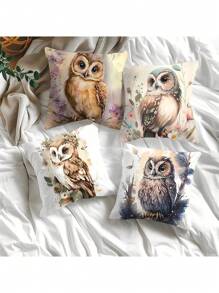 4pcs Owl Pattern Short Plush Pillow Case, Polyester Sofa Cushion Cover - Multicolor - View 2
