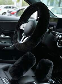 3 pièces/set Housse de volant de voiture noire, peluche d'hiver chaude, élastique, ajustable universellement