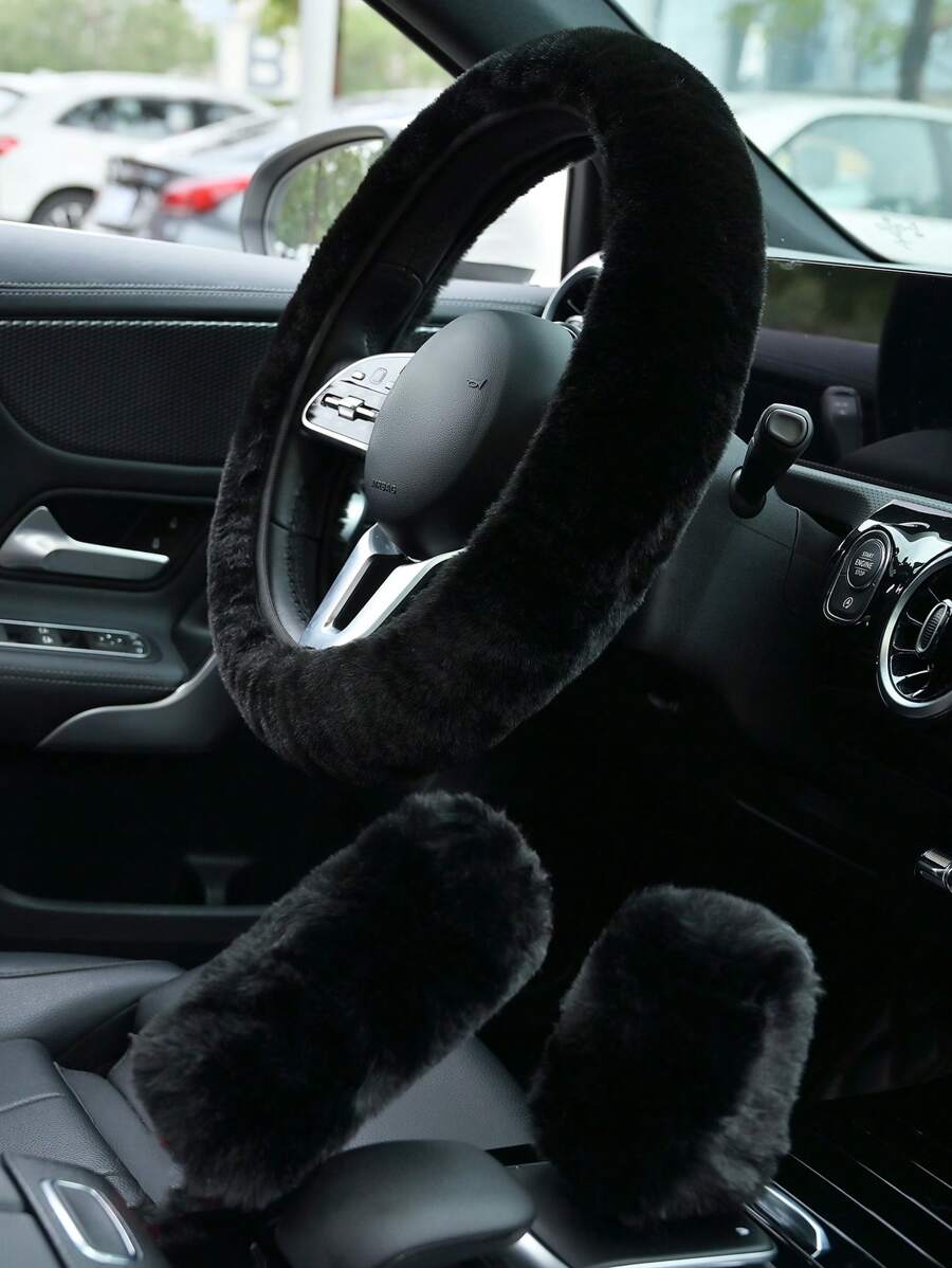 3 pièces/set Housse de volant de voiture noire, peluche d'hiver chaude, élastique, ajustable universellement