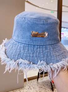 夏季男女通用流苏水洗牛仔渔夫帽女士时尚宽边可折叠巴拿马帽户外沙滩渔夫帽 - 牛仔帽 - 查看 8