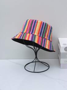 1pc Rainbow Striped Streetwear Polyester Mixed Color Reversible Bucket Hat, Casual Fashion Cap - Red - View 2