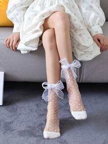 1/2/4 Pairs Lace Trim Sheer Glass Silk Knee High Socks, Transparent Crochet Lolita Socks, Thin Mesh Bow Ankle Socks, Women Hosiery Stockings - Multicolor - View 10