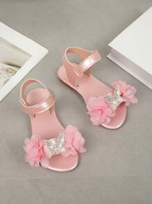 1 双女童夏季平底凉鞋，大蝴蝶结设计软底休闲沙滩鞋，时尚粉色公主鞋 - 粉色 - 查看 3
