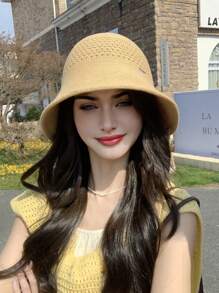 1pc Women's Solid Color Drawstring Hood, Spring/Autumn Fashionable Metal Decor Versatile Casual Sun Protection Bucket Hat, Suitable For Outdoor Shopping And Walking, Summer Beach Hats Hats For Women - A - View 6