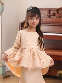 女孩的穆斯林服装，香槟色刺绣连衣裙，长袖腰部收紧网眼花裙 + 美人鱼长裙 2 件套，Baju Kurung KEBAYA，开斋节庆典，钢琴演奏会 / 生日派对 / 高端活动，优雅公主风格儿童正装，精致时尚女孩连衣裙 - 杏色 - 查看 5