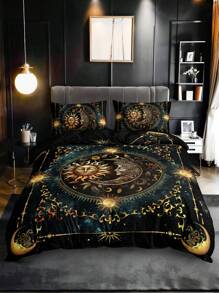 3PCS Super Soft Breathable Golden Sun And Moon Planet Duvet Cover Set (1 Duvet Cover+2 Pillowcases Without Pillow Core), At Home Dormitory High Definition Numerical Code Printing