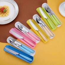 3pcs Portable Stainless Steel Student Cutlery Set, Spoon, Fork, Knife Stainless Steel Dinnerware, Suitable For Picnic, Work, Camping, School, Travel, Reusable Tableware With Container, Dishwasher Friendly