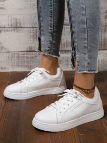 Women's Spring/Autumn Lace-Up Casual Sneakers, Fashionable Versatile Comfortable White Shoes, Collegiate Solid Color Flat Outdoor Skateboard Running Shoes - White - View 3