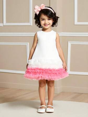 Young Girl Round Neck Sleeveless Contrast Color Puff Mesh Princess Dress