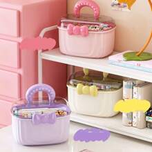 1pc Small 2-Layer Plastic Storage Box, Cute Handheld Video Organizer Box With Cover, Double-Layer Children's Jewelry & Hair Clip Organizer Box, Cartoon Bow-Knot Compartment Jewelry Box, Sewing Box, Gender Reveal Party, Perfect For Birthdays, Weddings, Parties, The Perfect Gift For Colleagues, Friends, And Family, Back To School