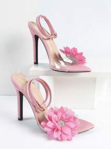 Women's High Heel Shoes, Pink 3D Floral Strap Glass Jelly Peep Toe Sandals, Comfortable Casual Outdoor Fashion Elegant Party Heels