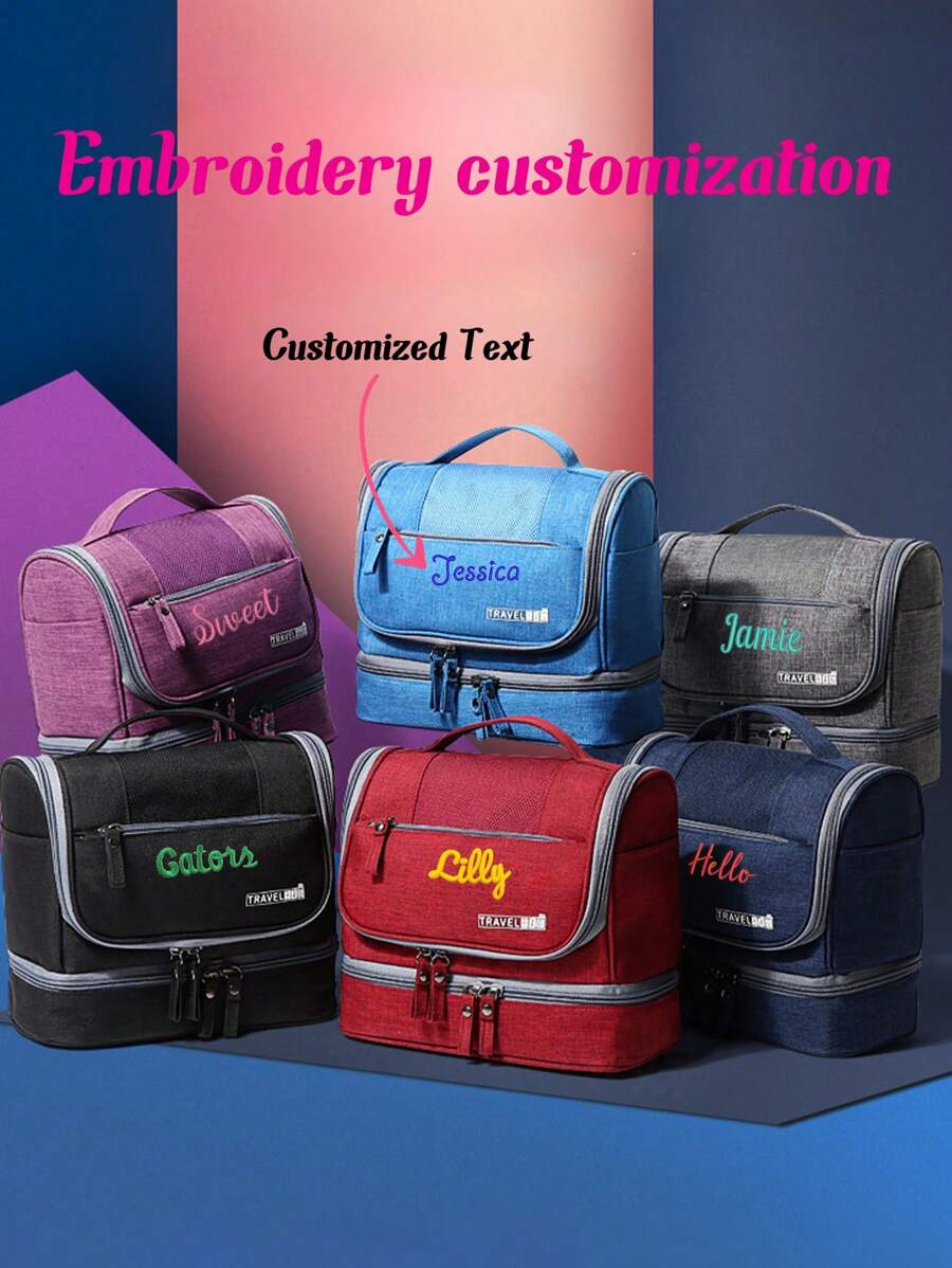 1pc Personalized Hanging Wet & Dry Separation Toiletry Bag, Custom Embroidered Monogram Storage Pouch, Portable Travel Makeup Organizer, Large Capacity Bathroom Bag, Embroidered Beauty Bag, Bridesmaid Gift, Mother's Day Gift, Birthday Gift, Gift For Friend & Teacher, Christmas/Holiday Gift, Ladies Personalized Gift, Anniversary, Christmas, Valentine's Day Present - Multicolor - View 1